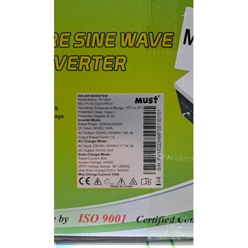 Гібридний сонячний інвертор MUST PV18-3224 VPM II Gen 2, 3200W, 24V, ток заряду 60A, 160-275V, MPPT (60А, 30-160 Vdc)