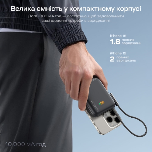 Повербанк 10000mAh Choetech B735 Black QC3.0 PD3.0 бездротова магнітна зарядка, вбудований кабель, підставка