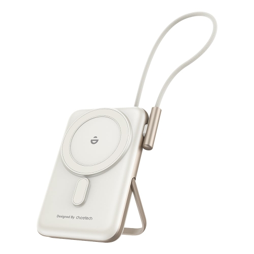 Повербанк 10000mAh Choetech B735 White QC3.0 PD3.0 бездротова магнітна зарядка, вбудований кабель, підставка