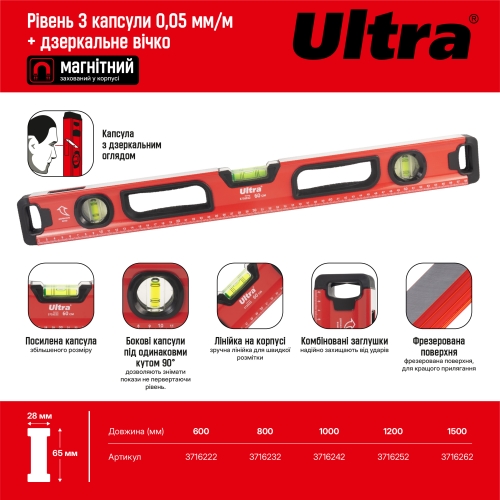Рівень магнітний 3 капсули + дзеркальне вічко 2 рукоятки 120см ULTRA (3716252)
